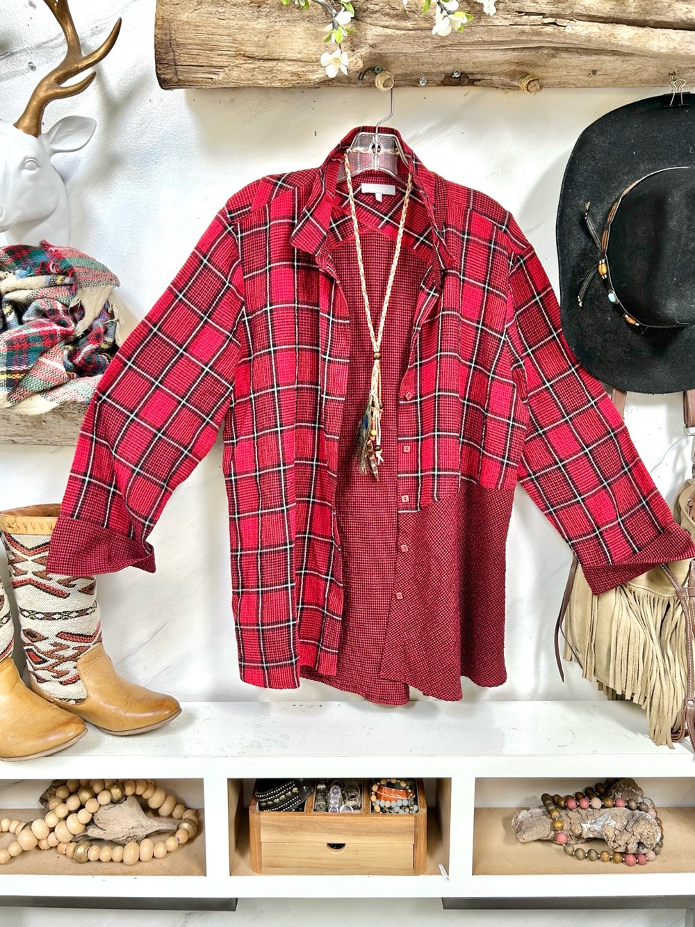 Cottagecore Red Plaid Button-Down Shirt w southwestern country vibe